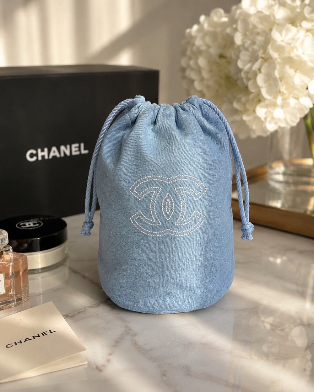 Chanel Beauty GWP Denim Drawstring Bucket Cosmetic Pouch with Box